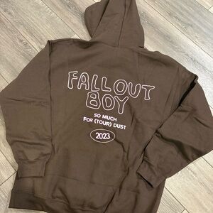 Fall Out Boy Brown Tour Hoodie So Much For Stardust Size Large with Pink Smile